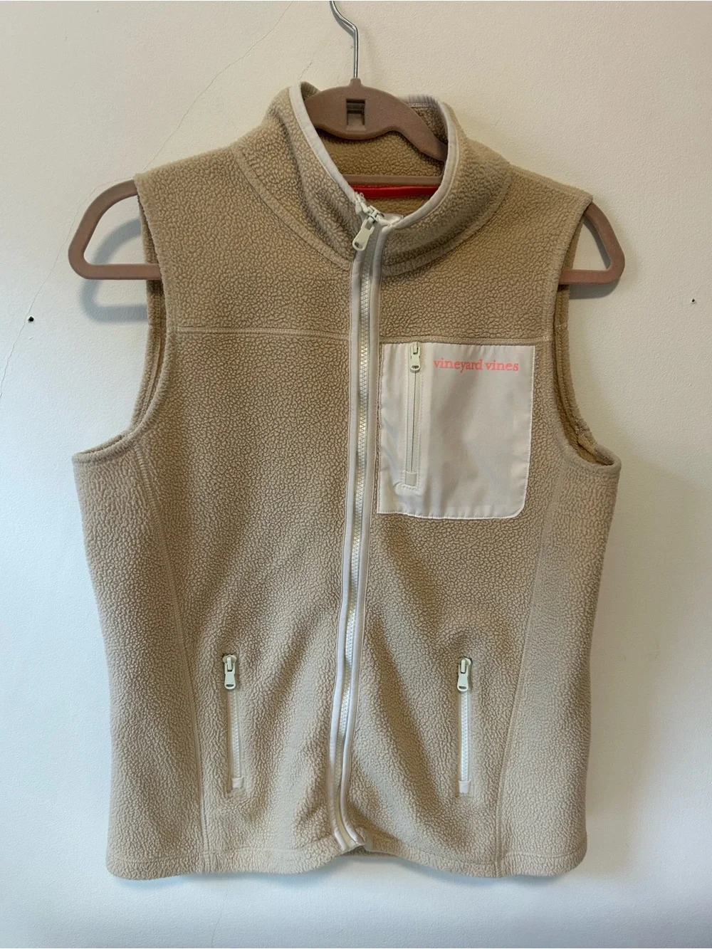 Vineyard Vines Beige/Tan Fleece Vest with White Chest Pocket
